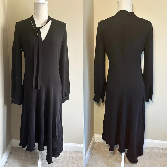 Theory 2 Black Tie Neck Drape Dress Long Sleeve Asymmetrical Hem 100% Silk - Picture 11 of 11